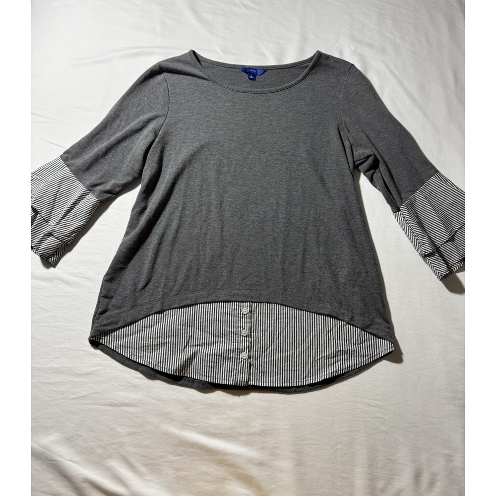 Apt. 9 Womens Gray Mixed Media Striped Ruffle Sleeve Layered Look Top Large